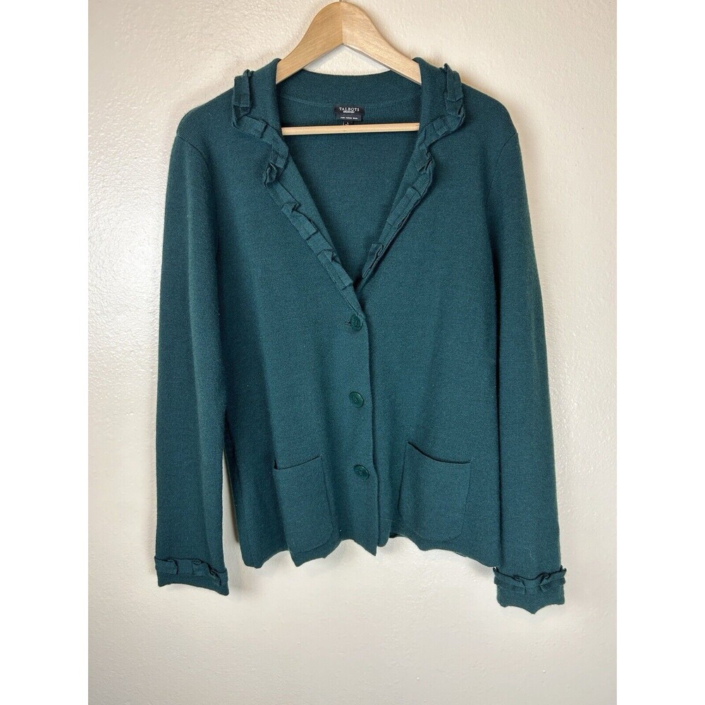 Talbots L Pure Merino Wool Blazer Jacket Sweater Knit Green Holiday Career